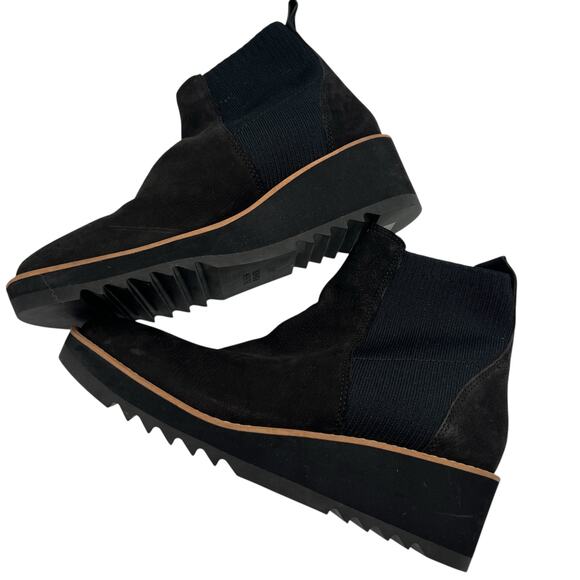 Eileen Fisher Lilou Nubuck Stretch Knit Black Ankle Boot 2” Wedge Chelsea 7.5 - Picture 12 of 13